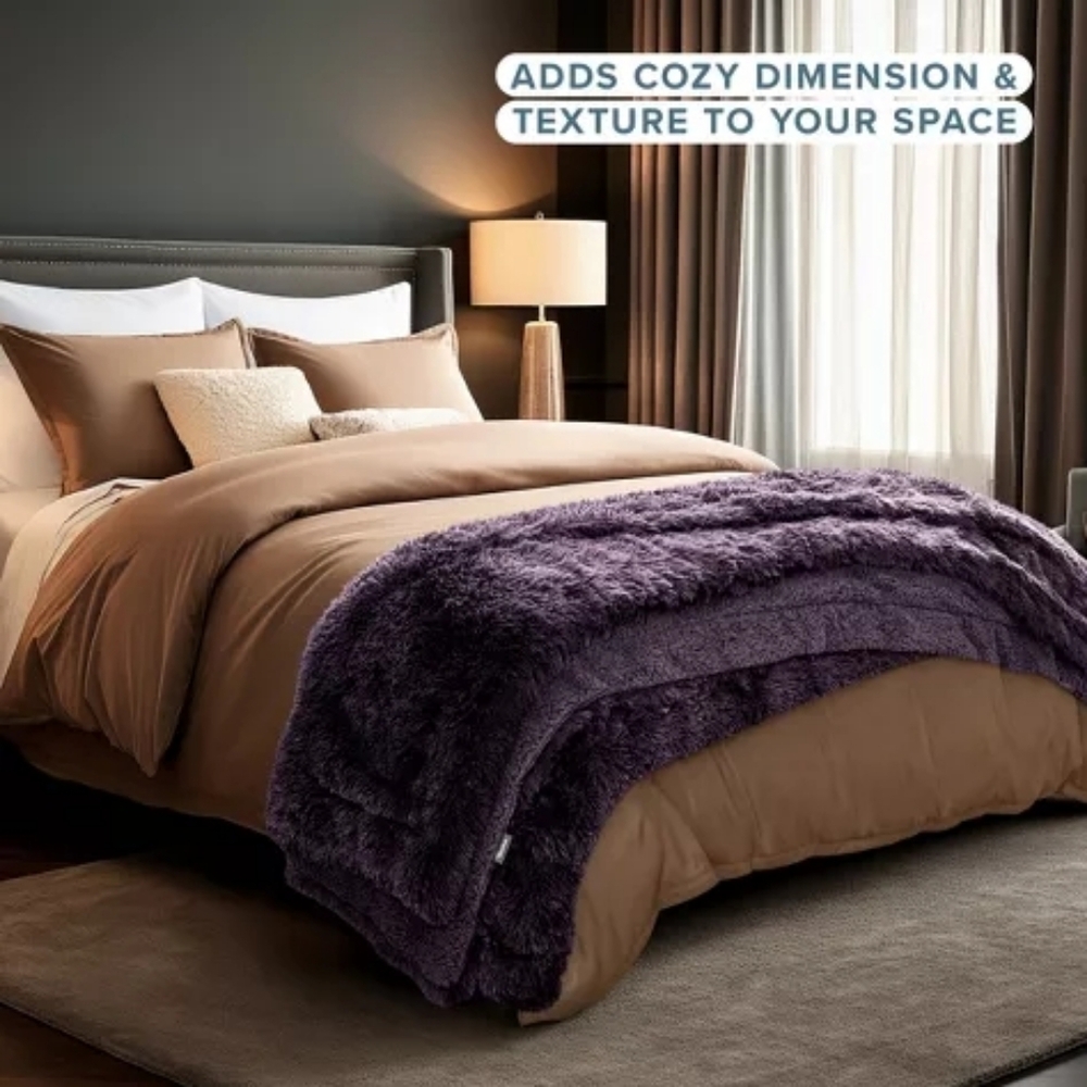 Open Box New - Shaggy Faux Fur Blanket by Bare Home - King, Eggplant